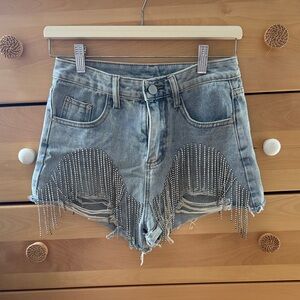 Studded Distressed Denim Shorts - Silver Fringe -